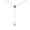 14K yellow gold lariat necklace with sapphire and diamond evil eye pendant, dropping to a diamond-encrusted Hamsa symbol, on an adjustable 16-18 inch chain — protective luxury fine jewelry by LA brand Neshi.