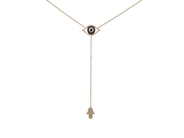 14K yellow gold lariat necklace with sapphire and diamond evil eye pendant, dropping to a diamond-encrusted Hamsa symbol, on an adjustable 16-18 inch chain — protective luxury fine jewelry by LA brand Neshi.