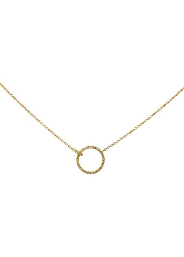 Timeless open circle diamond necklace with a sparkling diamond at the center, set in a minimalist yellow gold design — a refined touch of sophistication for any outfit.