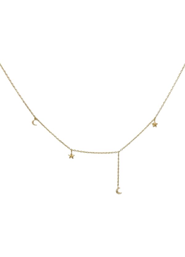 Celestial charm necklace with dangling gold stars and moons, each sparkling with a white diamond — a whimsical and enchanting addition to your jewelry collection.