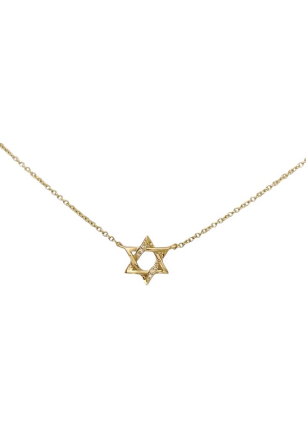 Jewish star necklace with a delicate diamond twist wrapped around the star, set in yellow or white gold — a meaningful and sophisticated symbol of pride