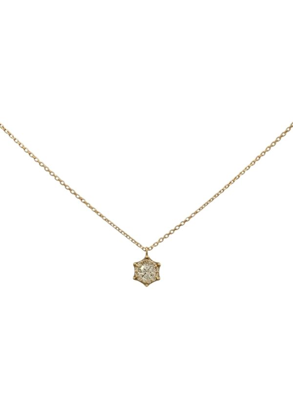 Necklace with a small rounded pendant in yellow and white gold featuring pavé diamonds, displayed on a white background.