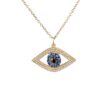 Gold necklace with an evil eye pendant featuring pavé diamonds, a halo of blue sapphires, and a dark center stone, photographed on a white background.