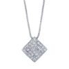 Square pendant necklace with dangling princess cut diamonds set in white gold, showcasing a sleek and modern geometric design.