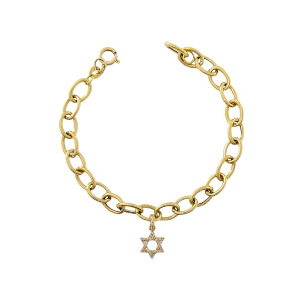 Bracelet featuring a chunky gold chain with a diamond-accented Jewish Star charm, combining bold design with meaningful symbolism.