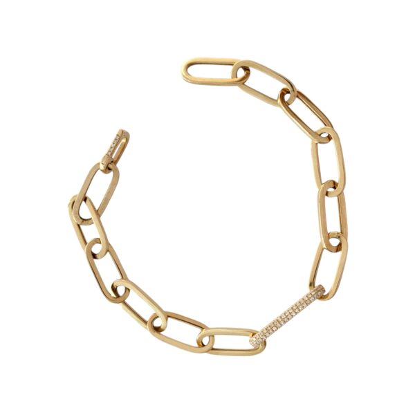 Bracelet featuring a bold paper clip chain with a diamond-accented center link, combining modern design with luxurious sparkle.