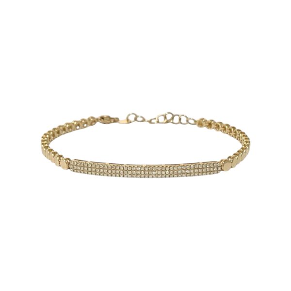 Bracelet/bangle featuring a sleek diamond bar at the center, surrounded by gold circles, available in yellow or white gold for a modern, elegant design.