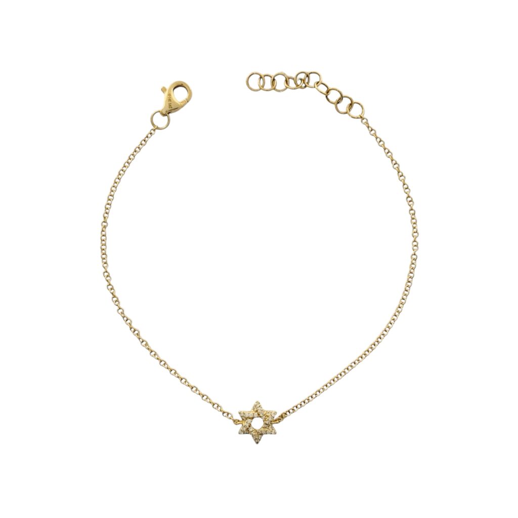 Bracelet featuring a mini Jewish Star charm, adorned with pave diamonds, set in 14K yellow gold for a subtle, meaningful design.