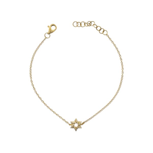 Bracelet featuring a mini Jewish Star charm, adorned with pave diamonds, set in 14K yellow gold for a subtle, meaningful design.