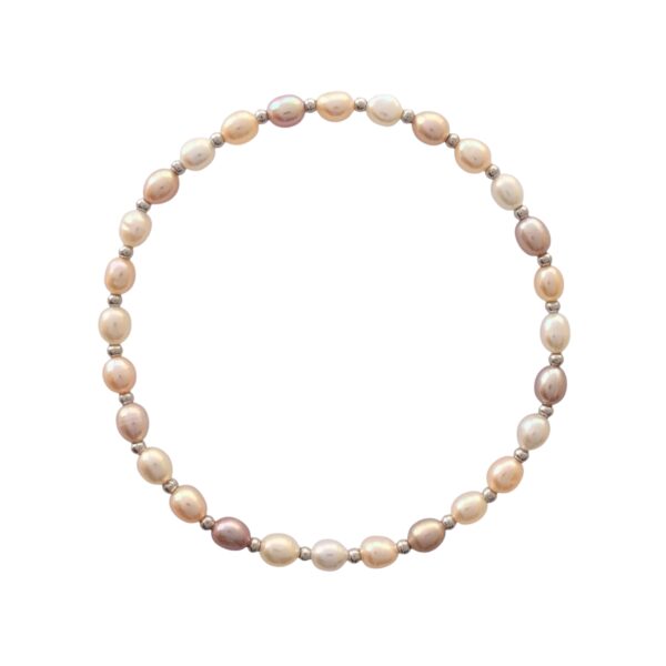 Bracelet featuring a mix of freshwater pearls in shades of white, pink, and peach, offering a soft and elegant design for versatile wear.
