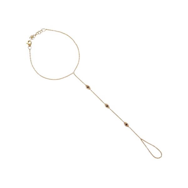 Hand chain featuring three diamond- and sapphire-accented evil eye charms, offering protection and chic sparkle with an elegant, unique design.