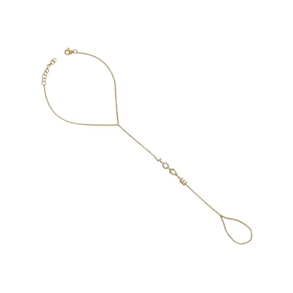 Hand chain featuring the word "Love" spelled out in diamond accents, combining elegance and meaningful design for a timeless look.