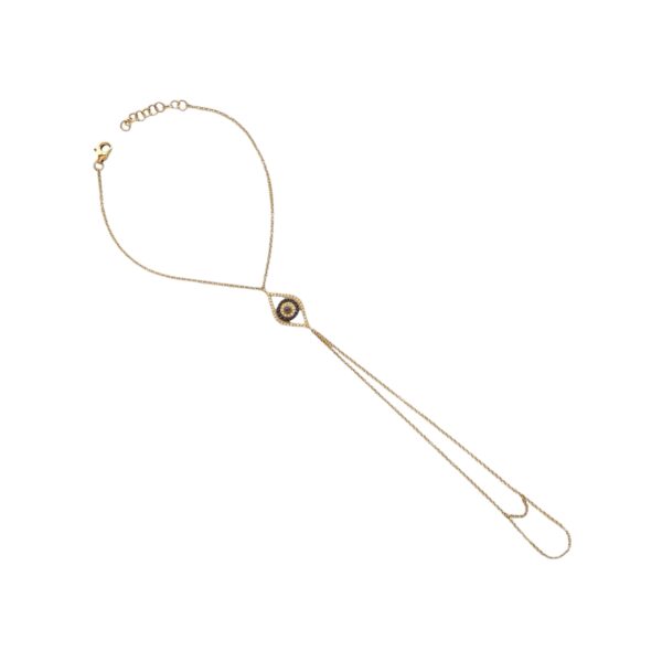 Yellow gold hand chain with a small evil eye charm at the wrist, detailed with diamonds and a sapphire center.
