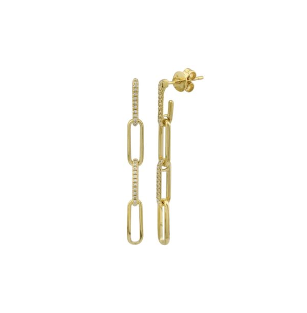 Yellow gold drop earrings with alternating pavé and plain elongated chain links in a linear design.
