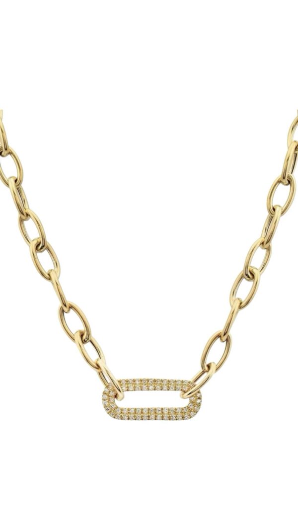 Gold necklace featuring an open paperclip-style pendant and small bezel-set stones along the chain, photographed on a white background.