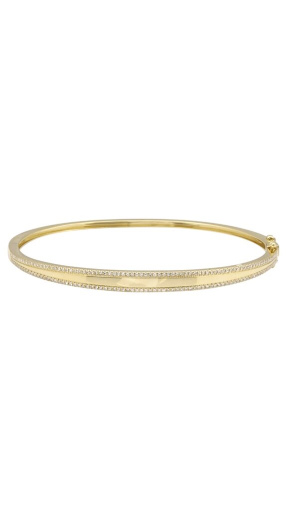 Yellow gold bangle with a double-band design, both rows lined with pavé-set diamonds for a symmetrical, sparkling finish.