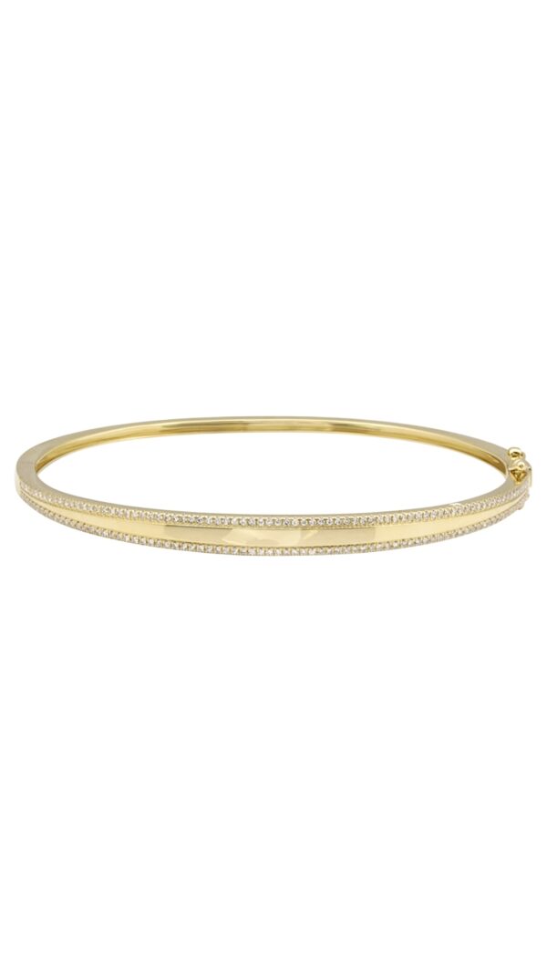 Yellow gold bangle with a double-band design, both rows lined with pavé-set diamonds for a symmetrical, sparkling finish.