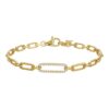 Yellow gold chain bracelet with alternating textured and smooth links, featuring a horizontal diamond-studded oval centerpiece and lobster clasp closure.