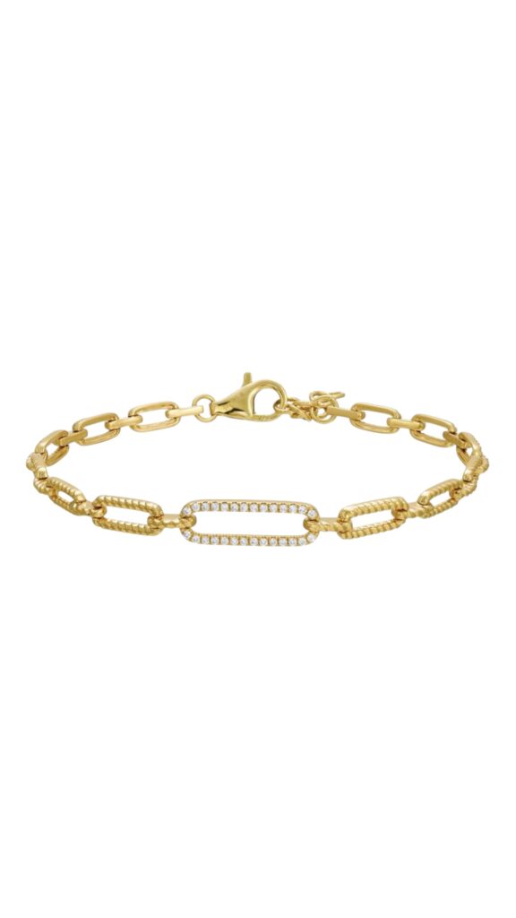 Yellow gold chain bracelet with alternating textured and smooth links, featuring a horizontal diamond-studded oval centerpiece and lobster clasp closure.