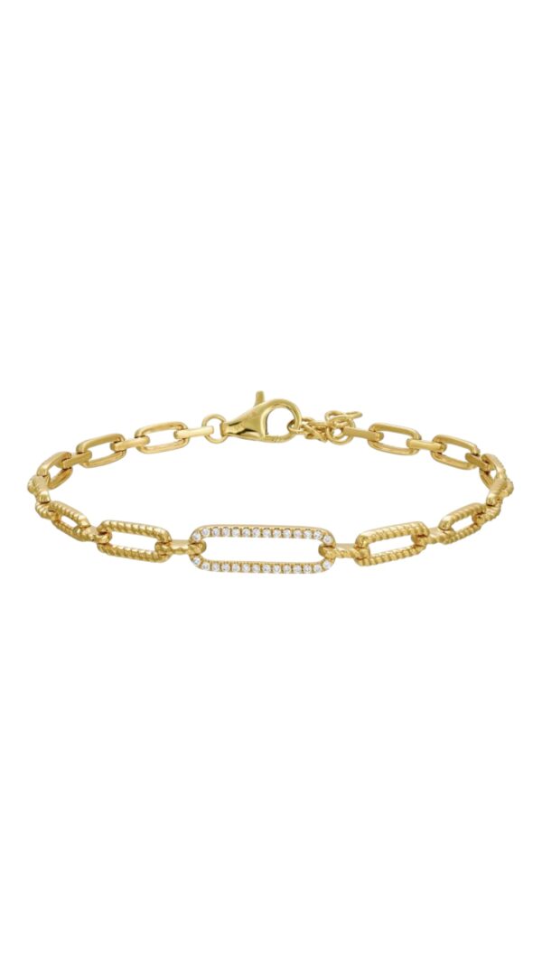 Yellow gold chain bracelet with alternating textured and smooth links, featuring a horizontal diamond-studded oval centerpiece and lobster clasp closure.