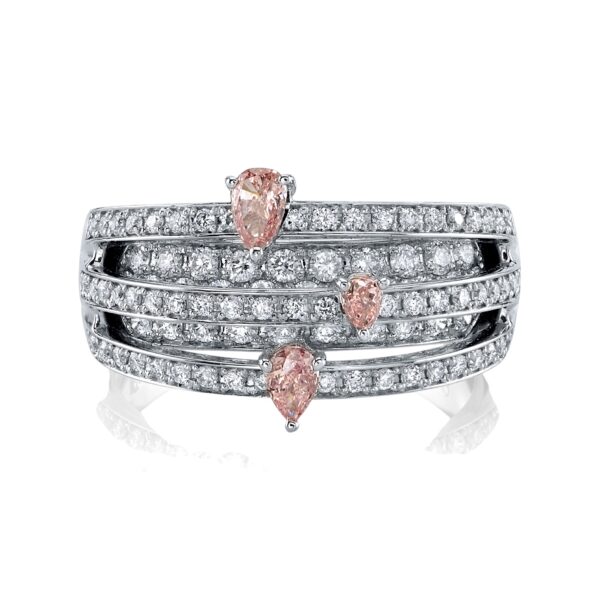 Platinum ring with five rows of white round diamonds and three pear-shaped pink diamonds set in a diagonal pattern.