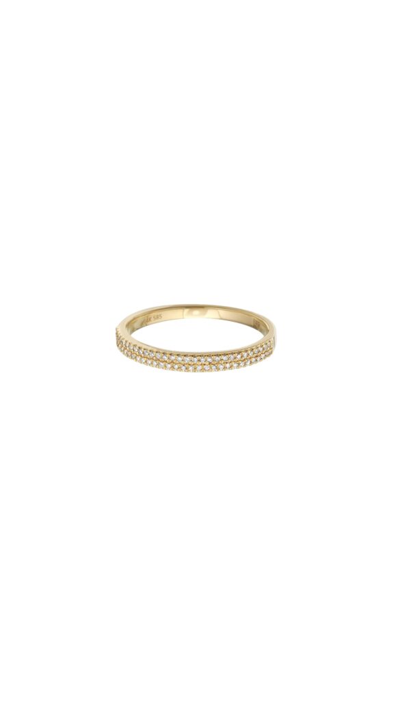 Thin 14k yellow gold band with two rows of small pavé-set white diamonds.