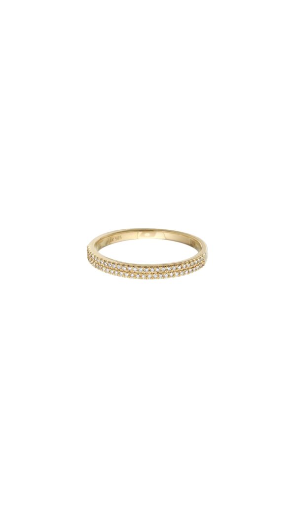 Thin 14k yellow gold band with two rows of small pavé-set white diamonds.