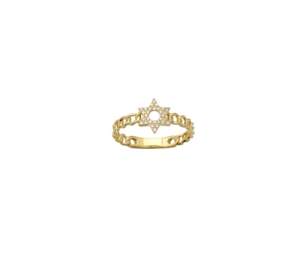 14k yellow gold chain-link ring with a pavé-set Star of David design at the center.