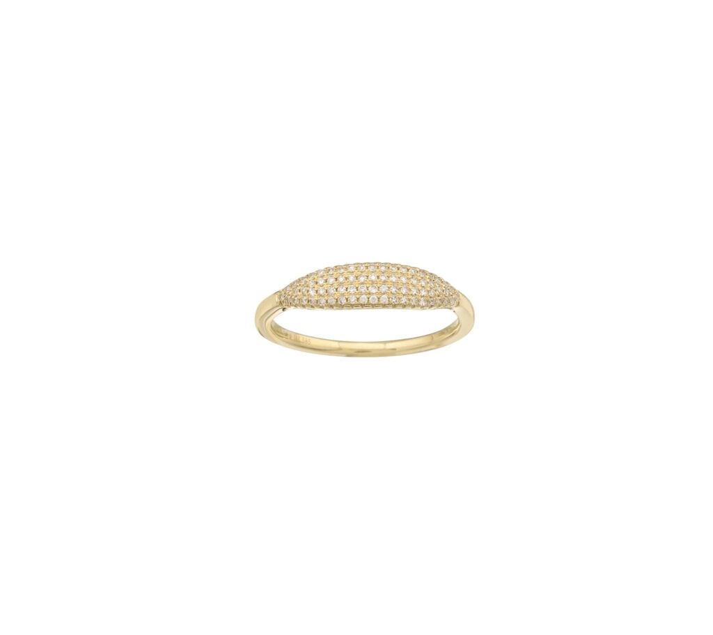 14k yellow gold ring with a low dome top fully covered in pavé-set white stones.
