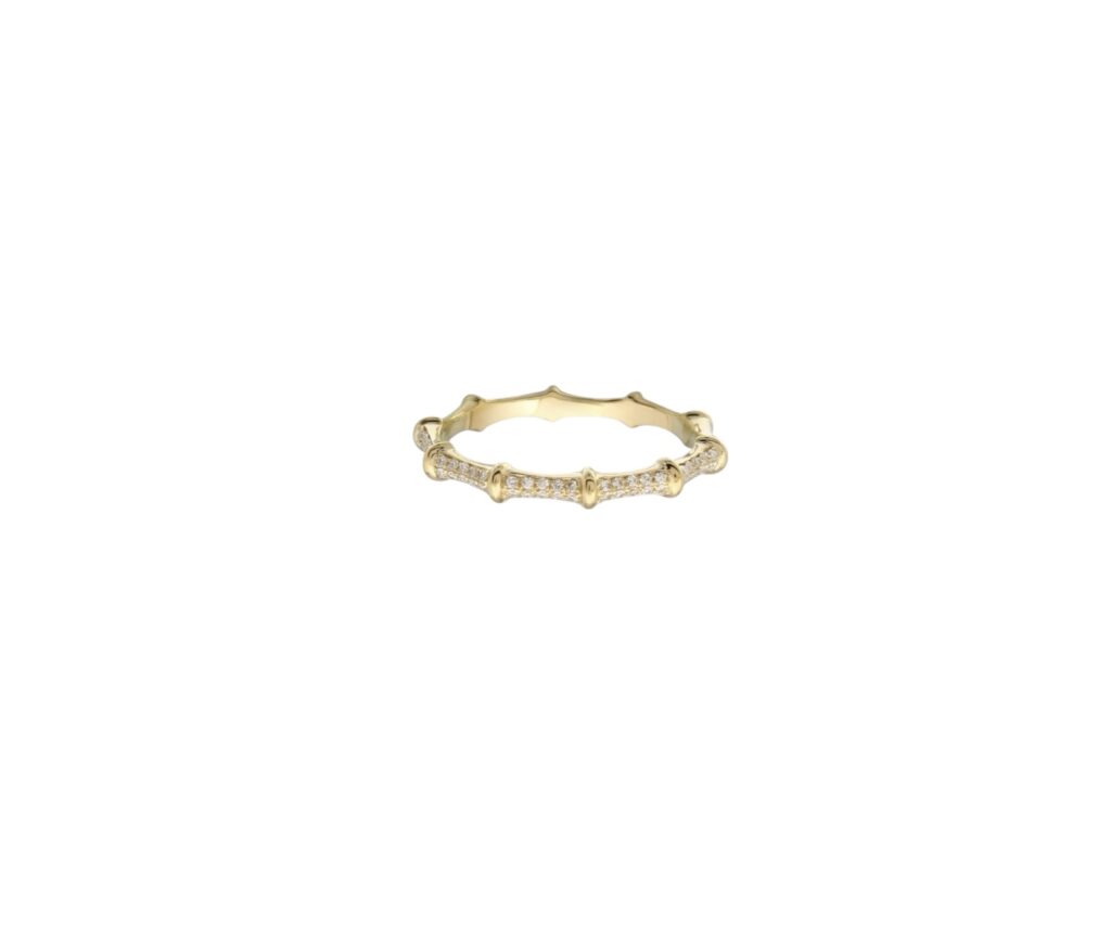 14k yellow gold bamboo-inspired ring with pavé-set white stones along the textured band.