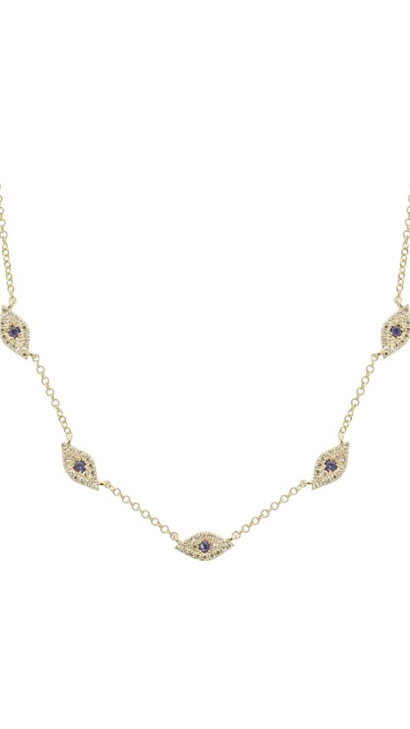 Gold necklace with multiple marquise-shaped evil eye charms, each with a purple center stone and surrounding pavé detailing, photographed on a white background.