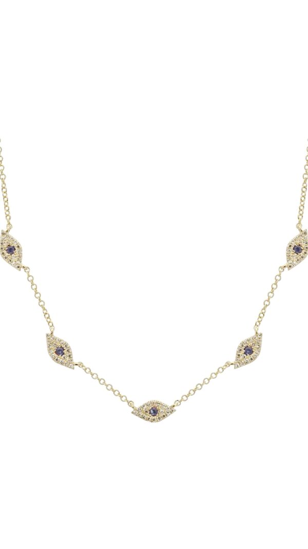 Gold necklace with multiple marquise-shaped evil eye charms, each with a purple center stone and surrounding pavé detailing, photographed on a white background.