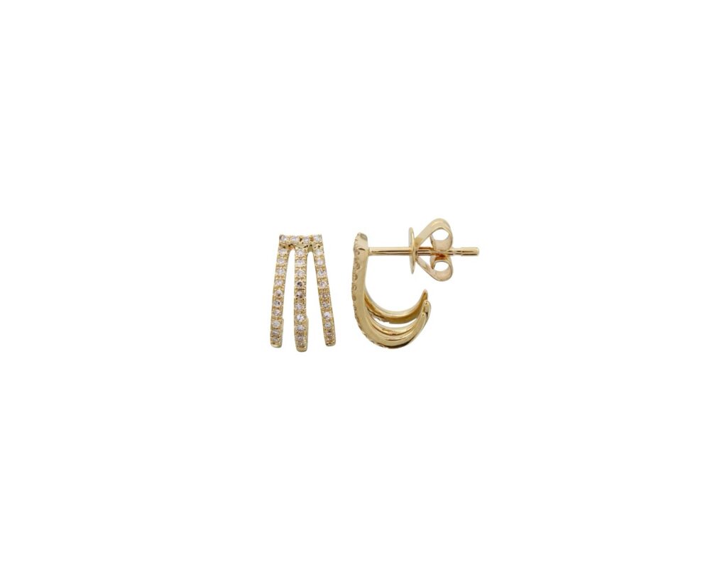 Yellow gold bar stud earrings with pavé-set stones in a slim vertical design.
