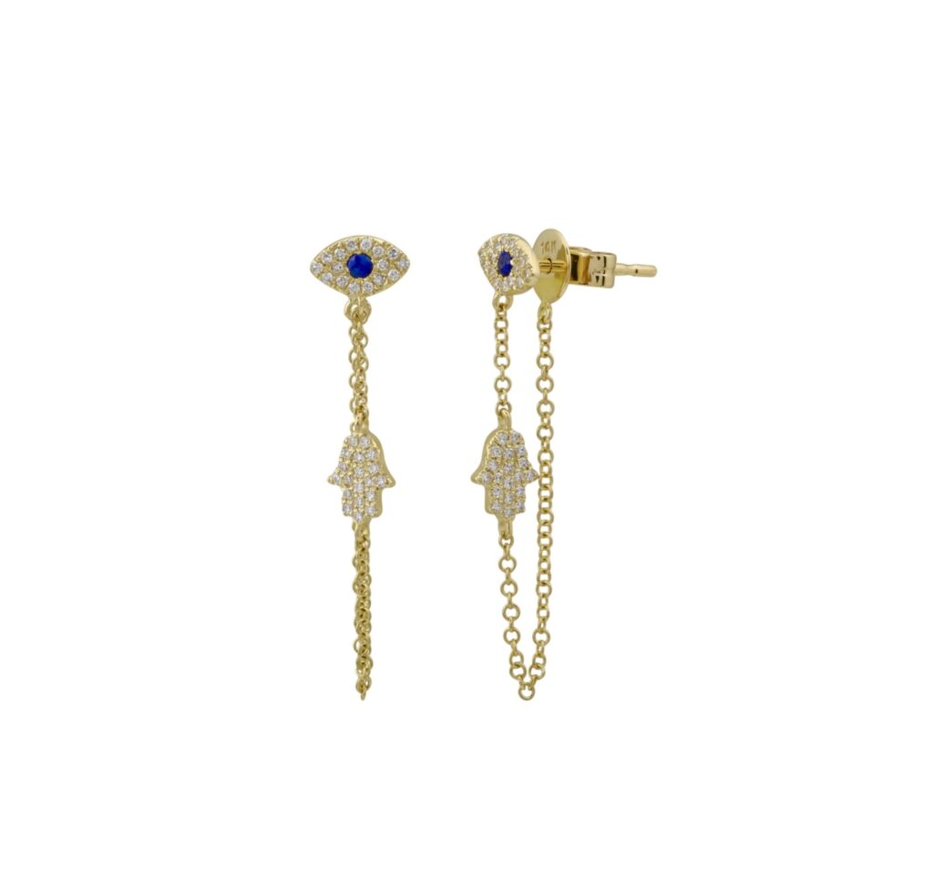 Yellow gold chain earrings with evil eye studs and dangling pavé hamsa charms on delicate chains.