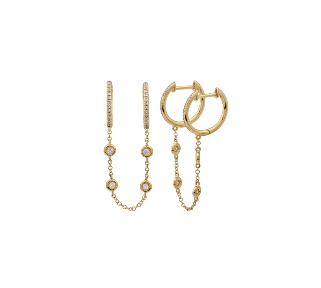 Yellow gold chain earrings with bezel-set diamonds and delicate drop chains connecting sleek polished hoops.