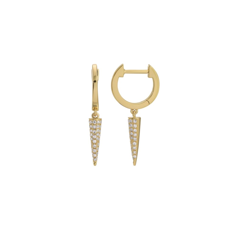 Yellow gold hoop earrings with pavé-set tapered spike pendants hanging below.