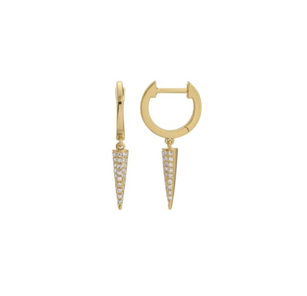 Yellow gold hoop earrings with pavé-set tapered spike pendants hanging below.