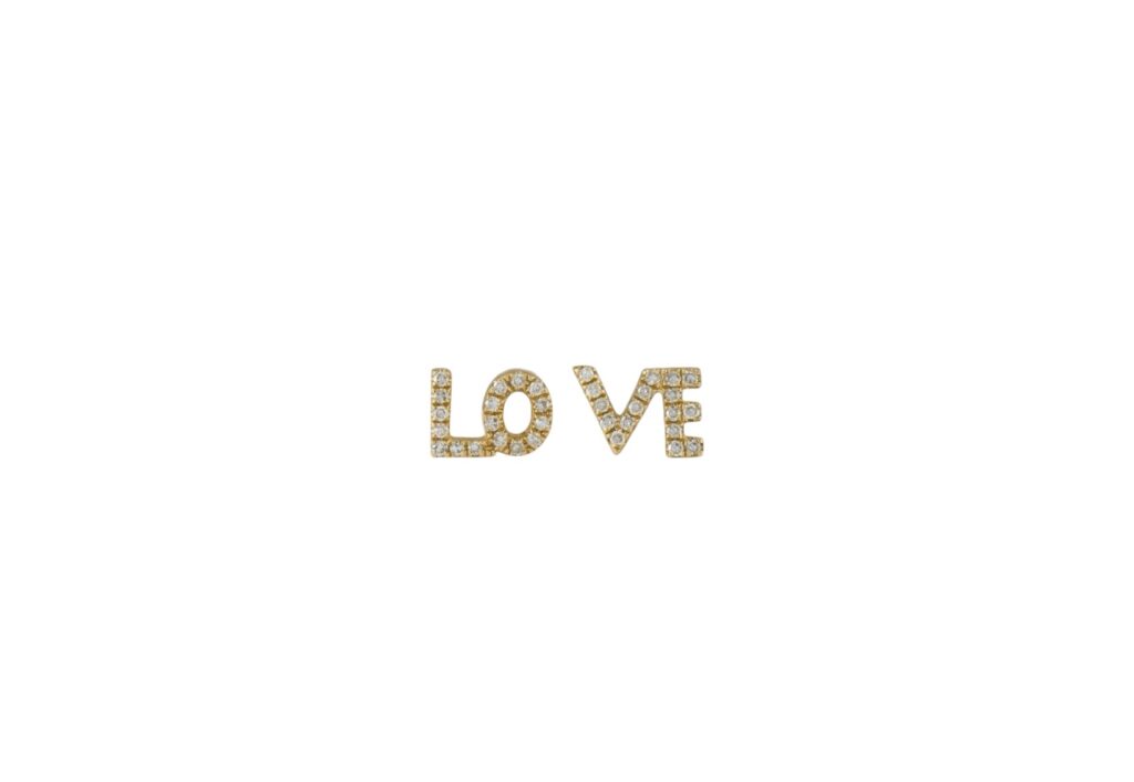Gold stud earrings spelling out the word LOVE in pavé-set stones.