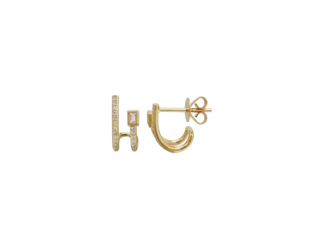 Yellow gold illusion huggie earrings with pavé details and a double piercing look, finished with a baguette-cut stone.