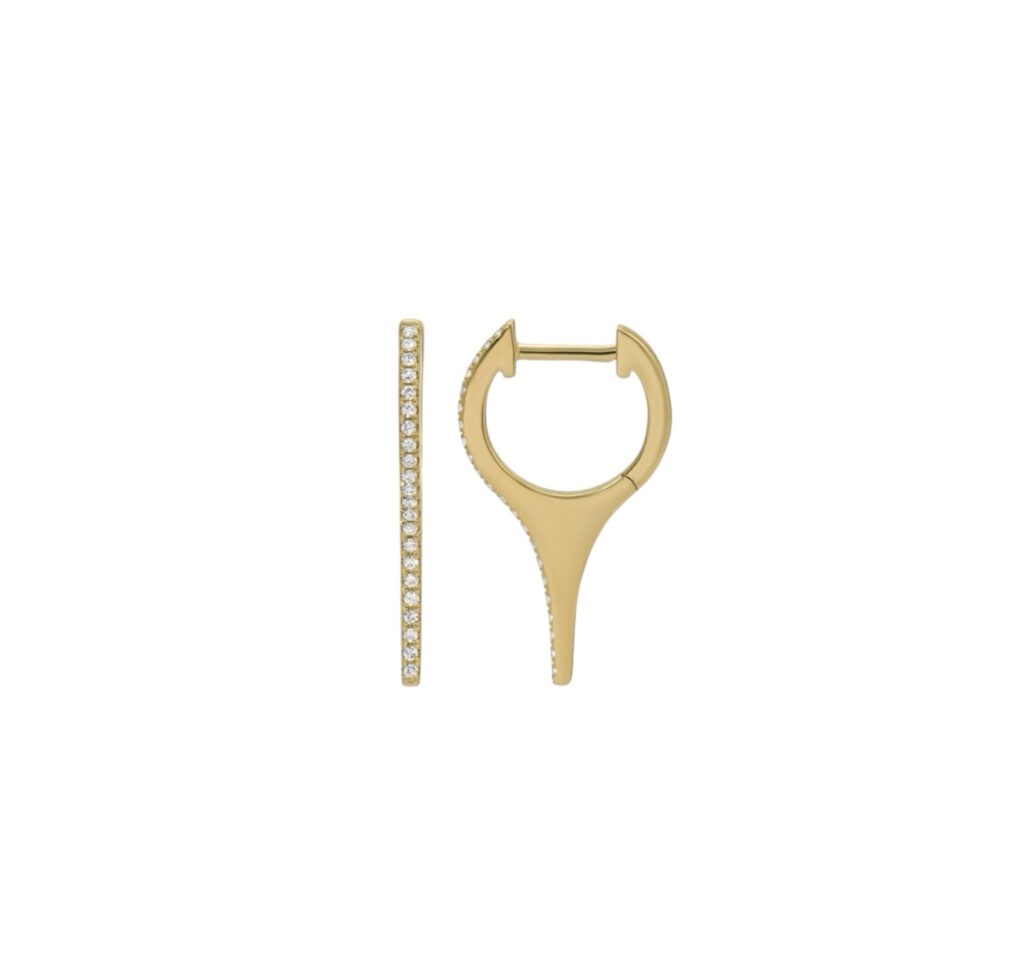 Gold bar hoop earrings with a teardrop silhouette and pavé diamonds on front-facing edge, shown from front and side angles on white background.